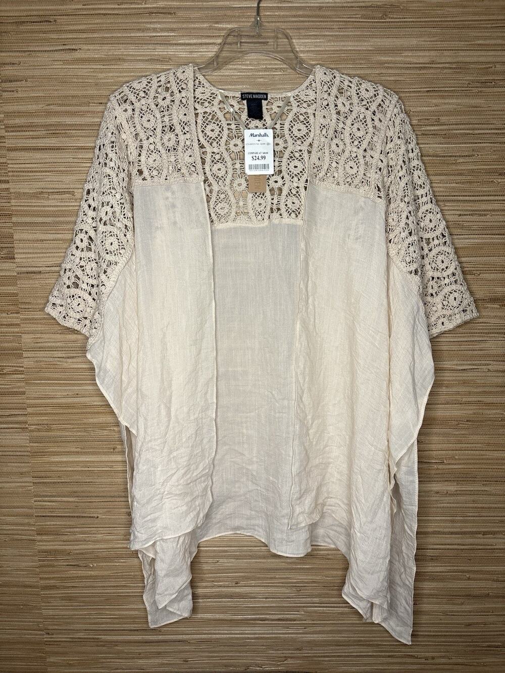 NWT Steve Madden Crochet-Trim Lightweight Kimono Beige One Size